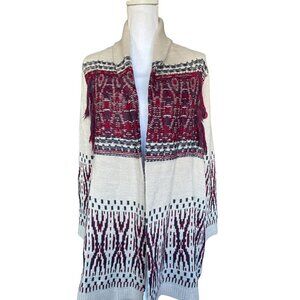 Style & Co Sweater Cardigan Women's Sz Small Open Front Tan Red Blue Fringe
